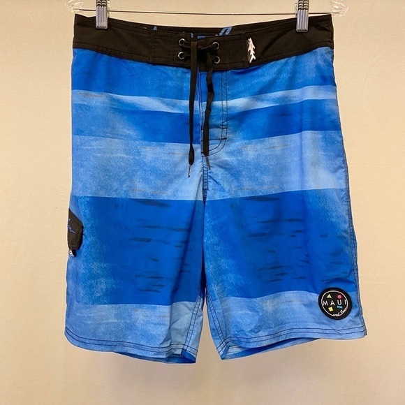 Maui And Sons Sz 30 Mens Boardshorts, 4 Way Stretch, logos, Blue Ombré, Surf - Picture 1 of 9
